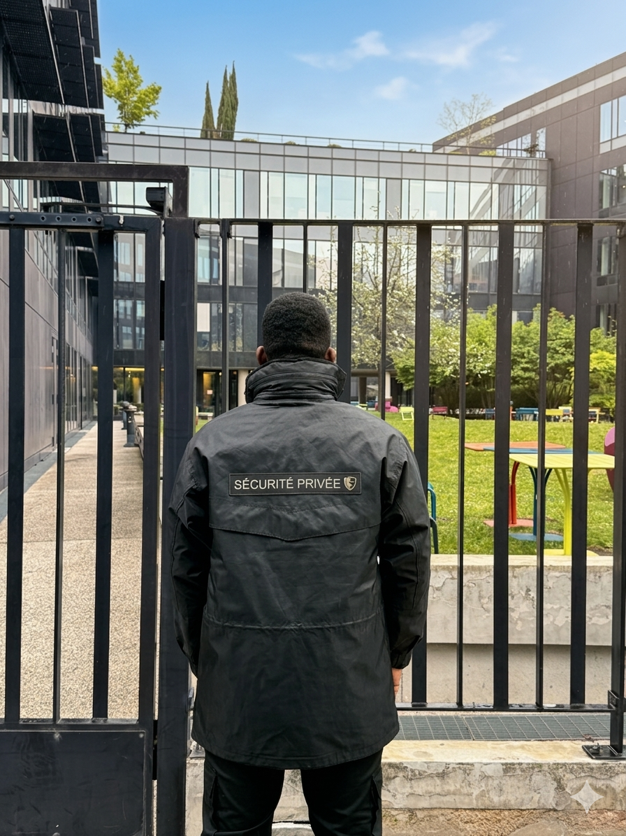 Agent de sécurité privée ARC SECURIS PRO en faction devant un site tertiaire en Île-de-France